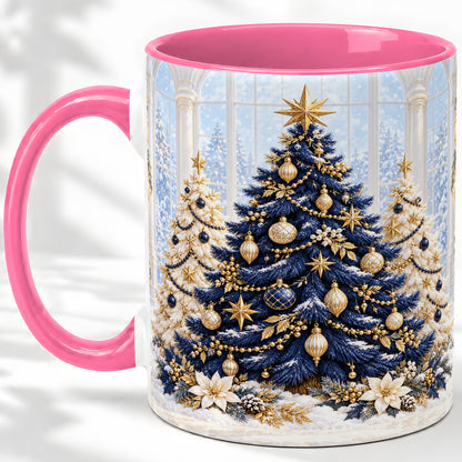 #pl[11oz|Pink] Navy Blue Christmas Trees Accent Mug, Ceramic Holiday Coffee Cup
