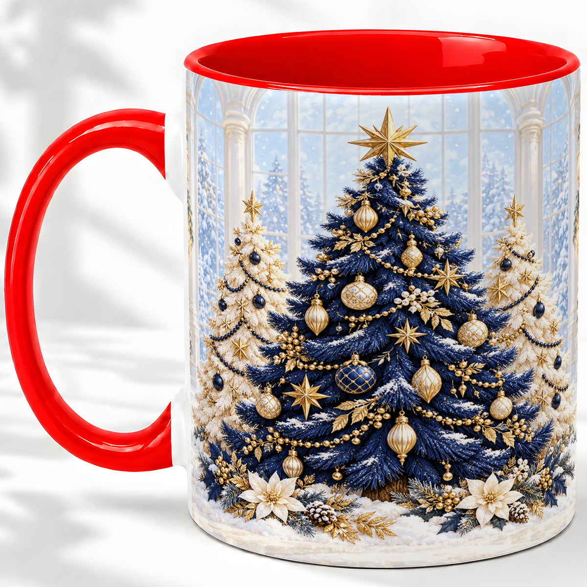 Navy Blue Christmas Trees Accent Mug, Ceramic Holiday Coffee Cup