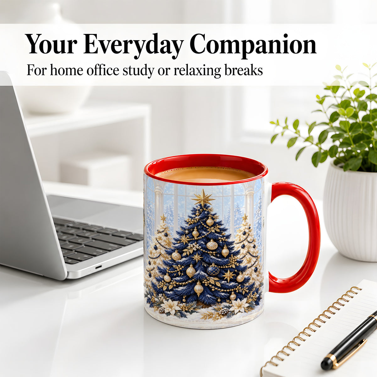 #pl[11oz|Red] Navy Blue Christmas Trees Accent Mug, Ceramic Holiday Coffee Cup