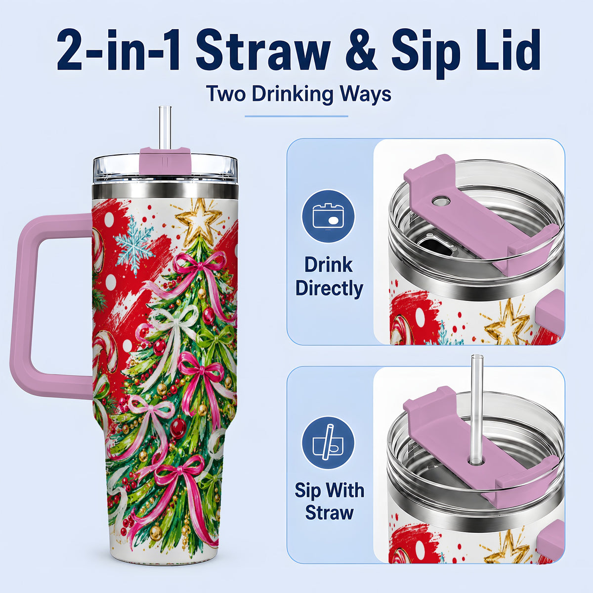 #pl[40oz|Pink] Pink Bow Christmas Tree Handled Tumbler, 40oz Festive Drinkware