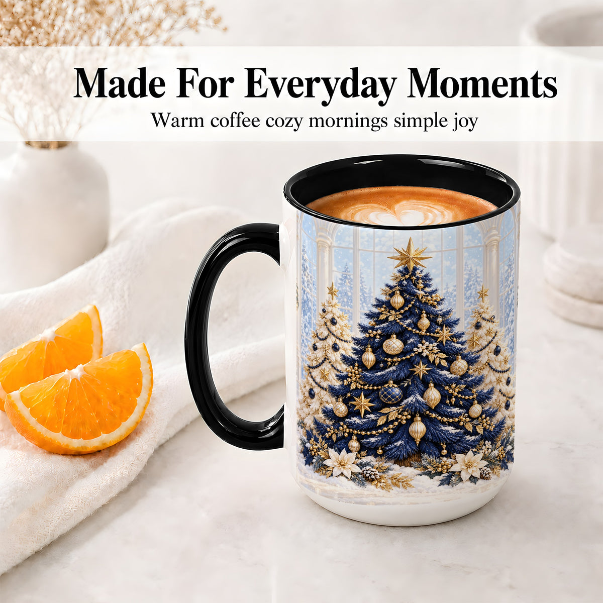 #pl[15oz|Black] Navy Blue Christmas Trees Accent Mug, Ceramic Holiday Coffee Cup