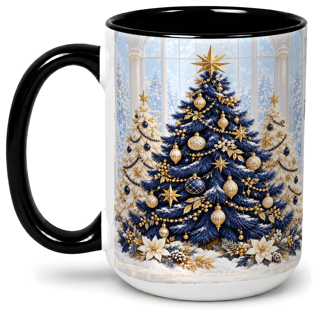 #pl[15oz|Black] Navy Blue Christmas Trees Accent Mug, Ceramic Holiday Coffee Cup