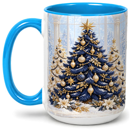 #pl[15oz|Blue] Navy Blue Christmas Trees Accent Mug, Ceramic Holiday Coffee Cup