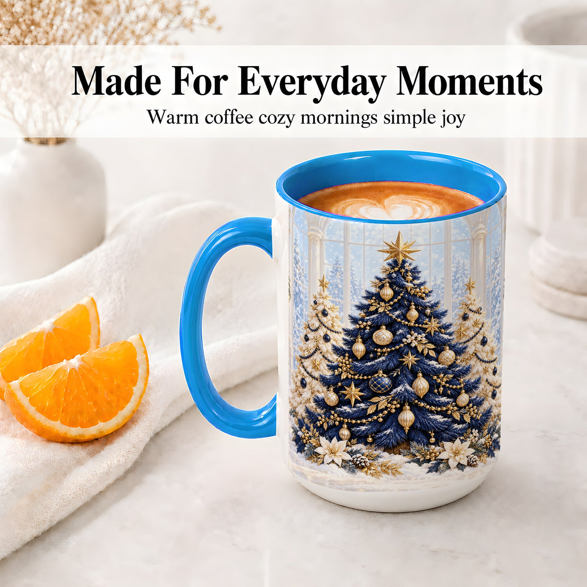 #pl[15oz|Blue] Navy Blue Christmas Trees Accent Mug, Ceramic Holiday Coffee Cup
