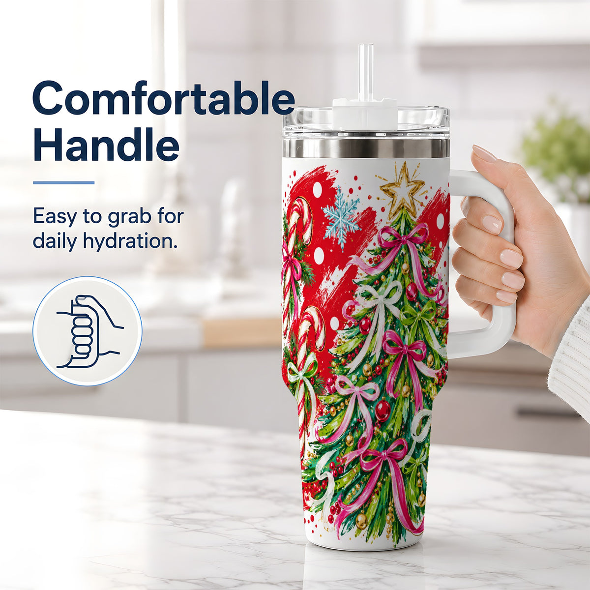 #pl[40oz|White] Pink Bow Christmas Tree Handled Tumbler, 40oz Festive Drinkware