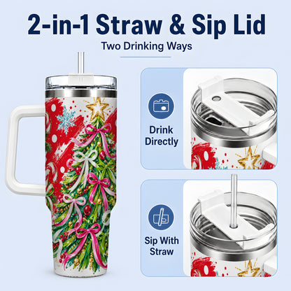 #pl[40oz|White] Pink Bow Christmas Tree Handled Tumbler, 40oz Festive Drinkware