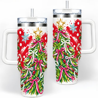 Pink Bow Christmas Tree Handled Tumbler, 40oz Festive Drinkware