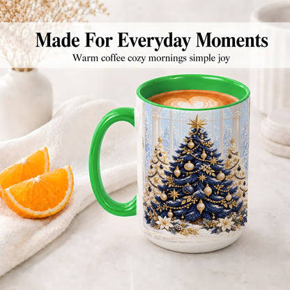 #pl[15oz|Green] Navy Blue Christmas Trees Accent Mug, Ceramic Holiday Coffee Cup