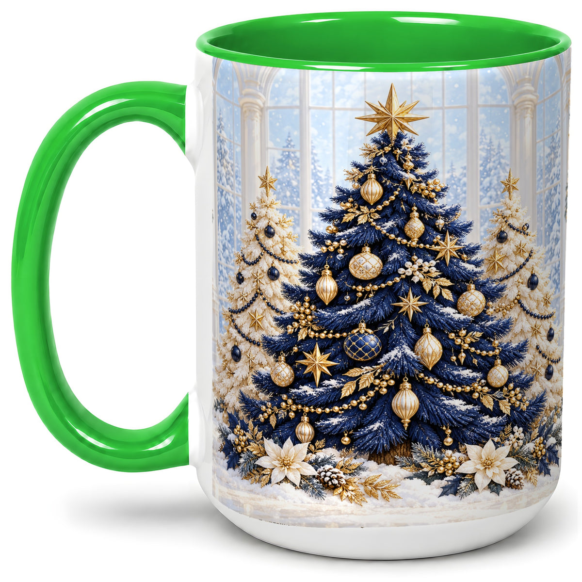 #pl[15oz|Green] Navy Blue Christmas Trees Accent Mug, Ceramic Holiday Coffee Cup