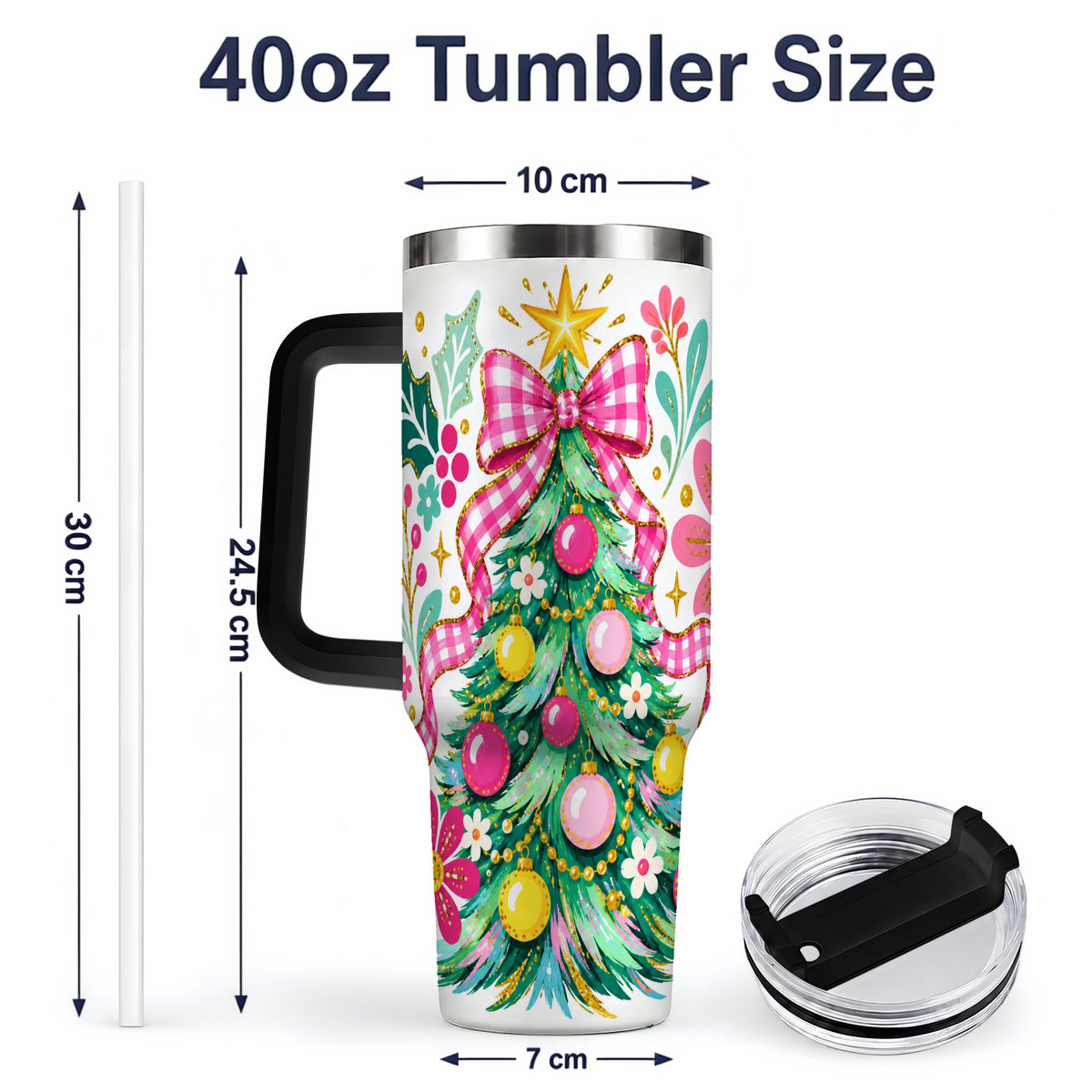 #pl[40oz|Black] Pink Gingham Christmas Tree Handled Tumbler, 40oz Holiday Drinkware