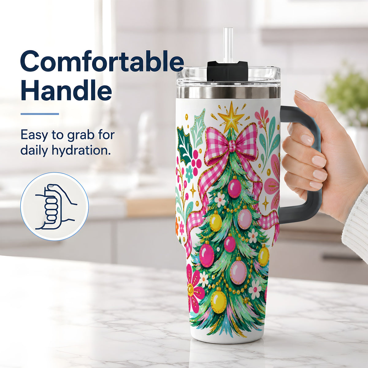 #pl[40oz|Black] Pink Gingham Christmas Tree Handled Tumbler, 40oz Holiday Drinkware