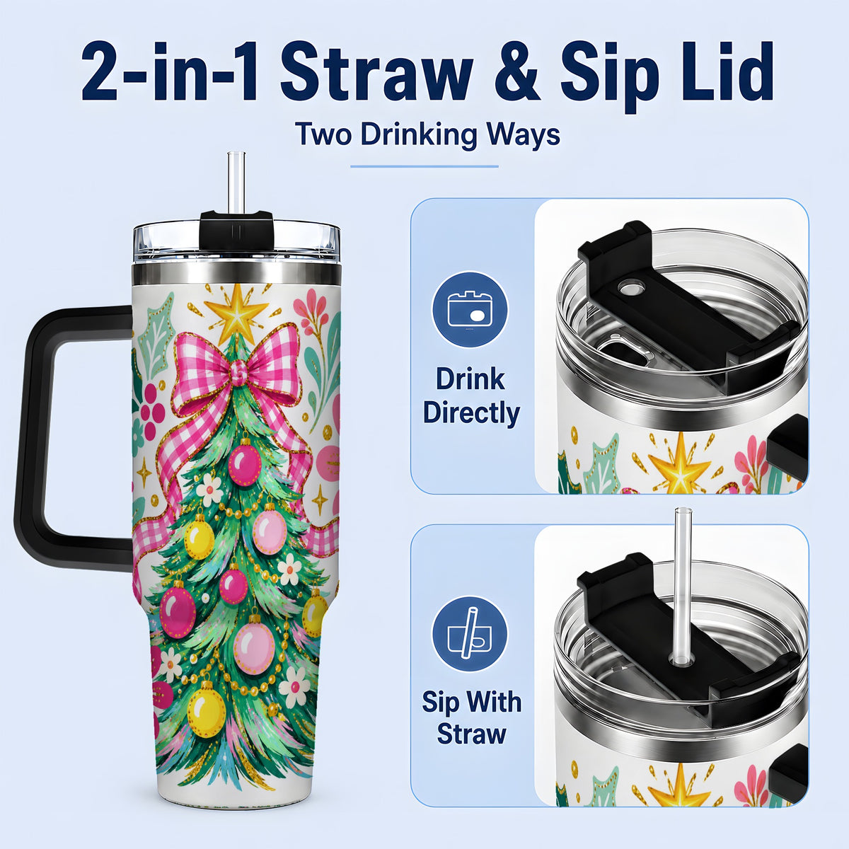 #pl[40oz|Black] Pink Gingham Christmas Tree Handled Tumbler, 40oz Holiday Drinkware