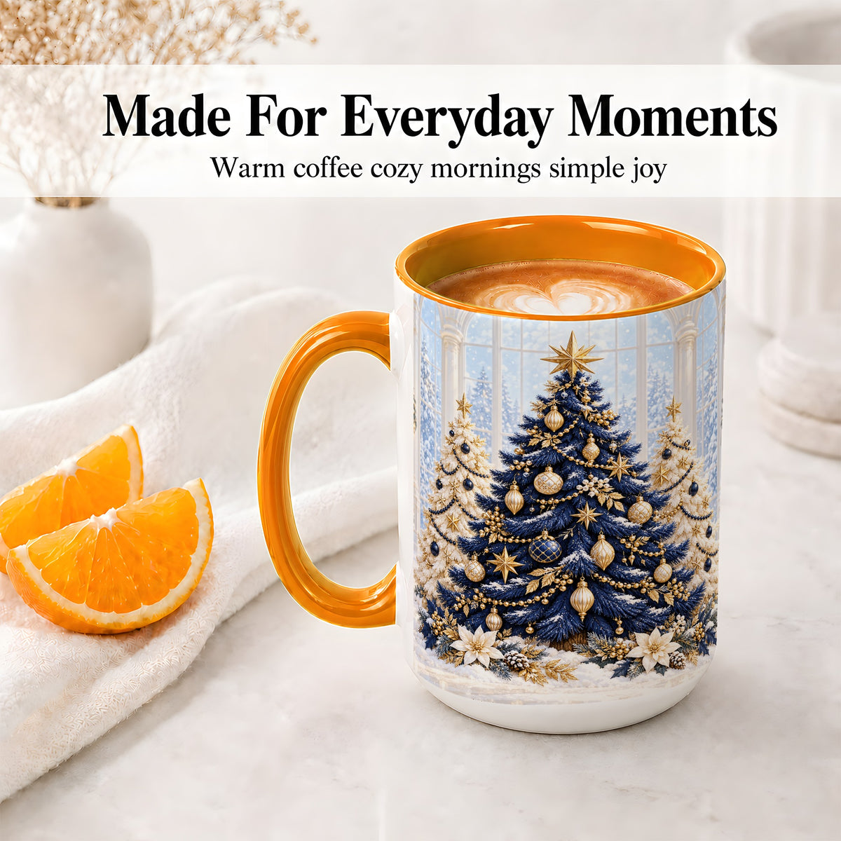 #pl[15oz|Orange] Navy Blue Christmas Trees Accent Mug, Ceramic Holiday Coffee Cup