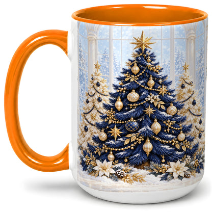 #pl[15oz|Orange] Navy Blue Christmas Trees Accent Mug, Ceramic Holiday Coffee Cup