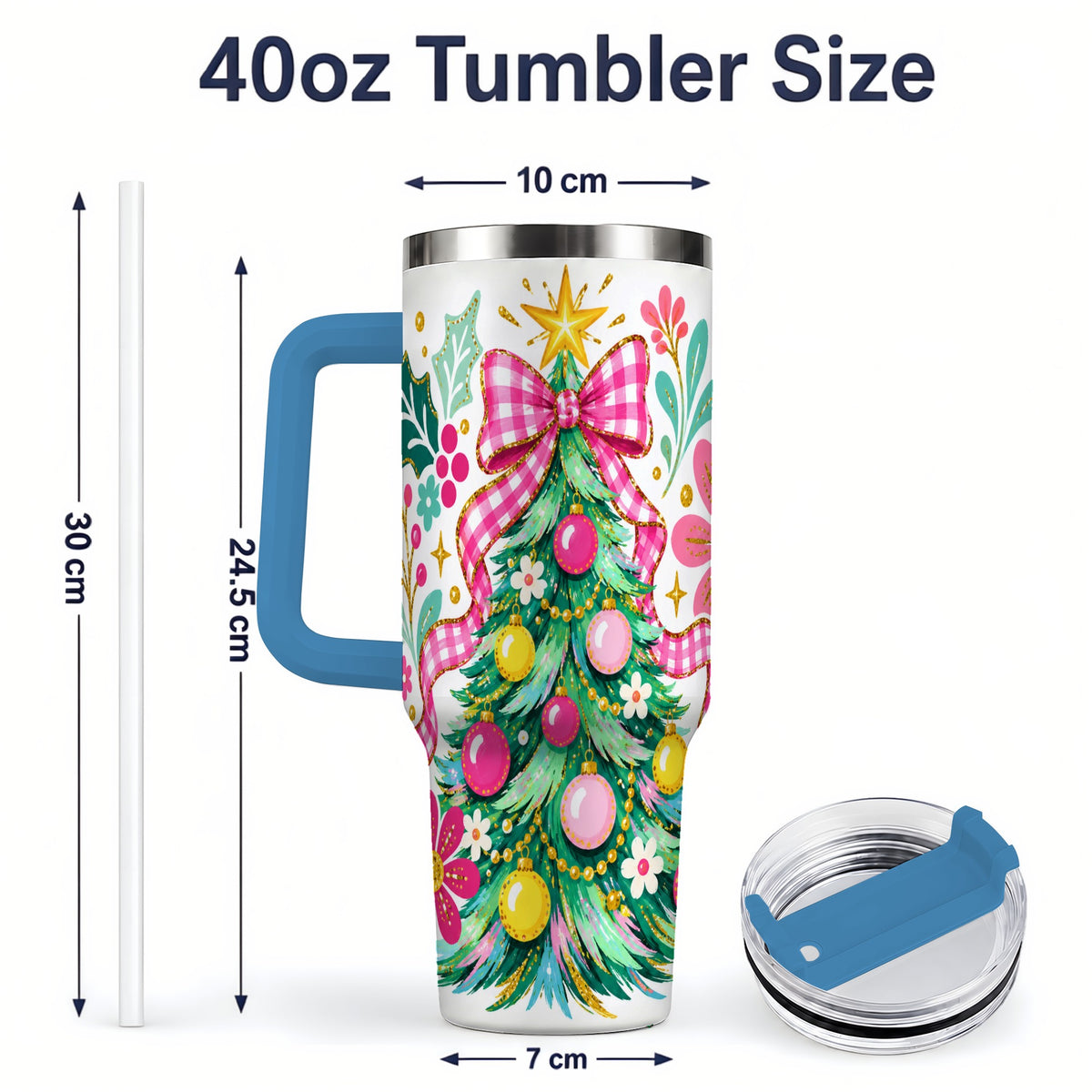 #pl[40oz|Blue] Pink Gingham Christmas Tree Handled Tumbler, 40oz Holiday Drinkware