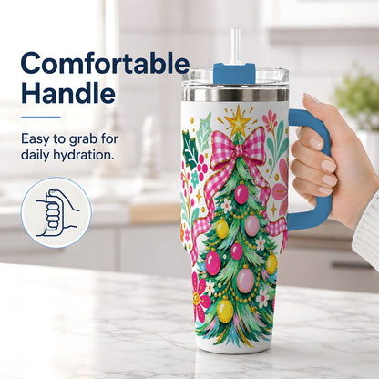 #pl[40oz|Blue] Pink Gingham Christmas Tree Handled Tumbler, 40oz Holiday Drinkware