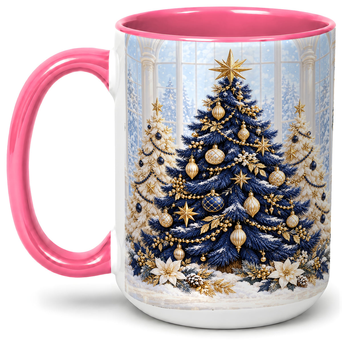 #pl[15oz|Pink] Navy Blue Christmas Trees Accent Mug, Ceramic Holiday Coffee Cup