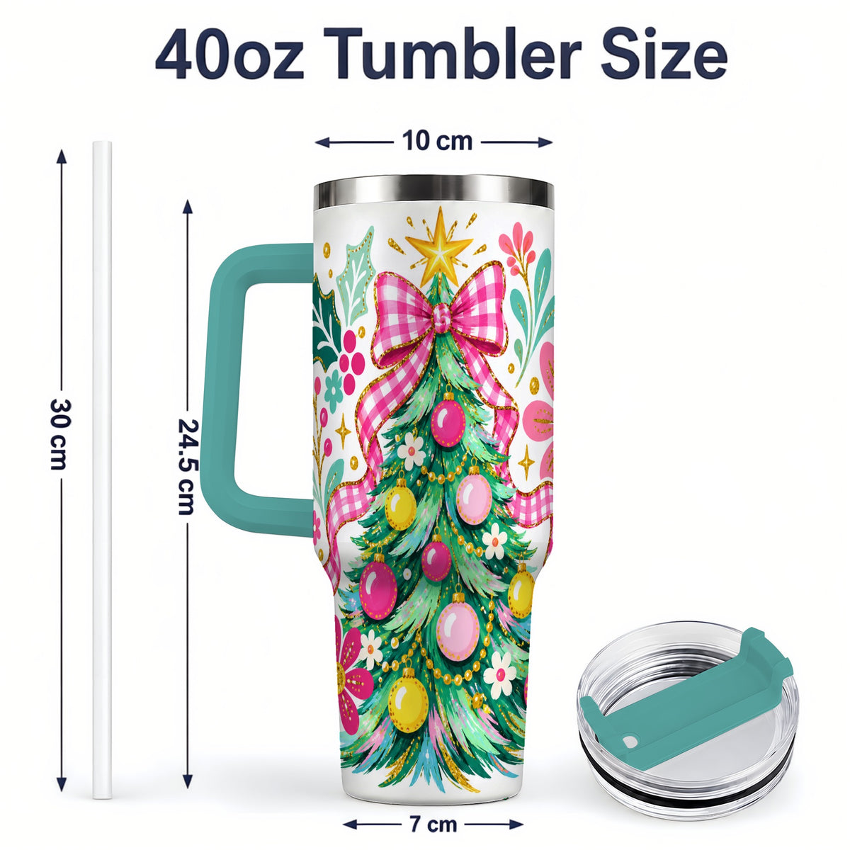 #pl[40oz|Green] Pink Gingham Christmas Tree Handled Tumbler, 40oz Holiday Drinkware