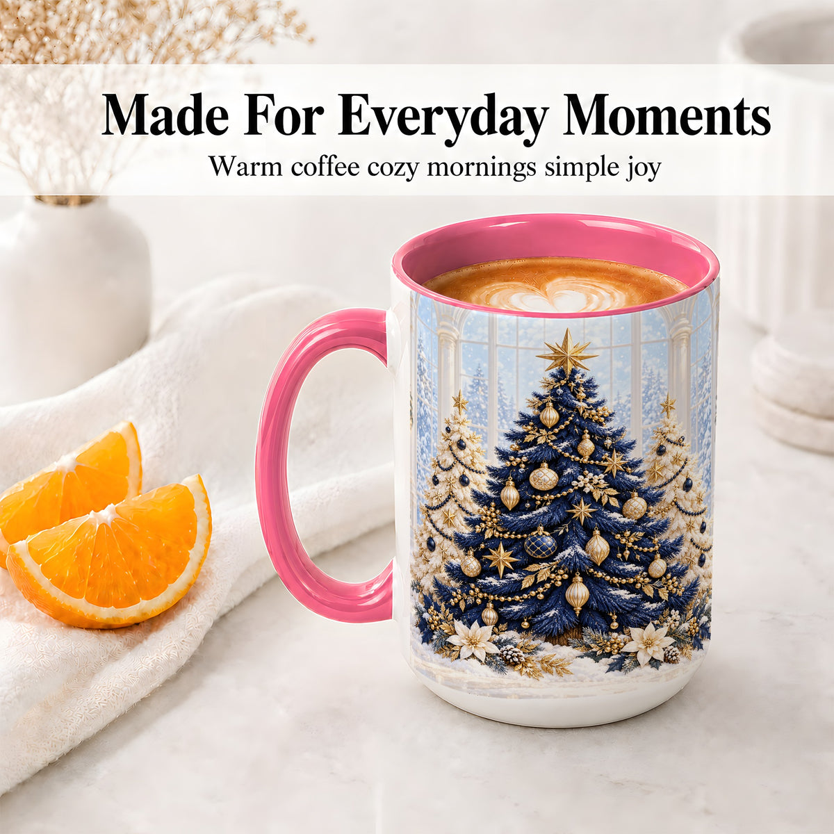 #pl[15oz|Pink] Navy Blue Christmas Trees Accent Mug, Ceramic Holiday Coffee Cup