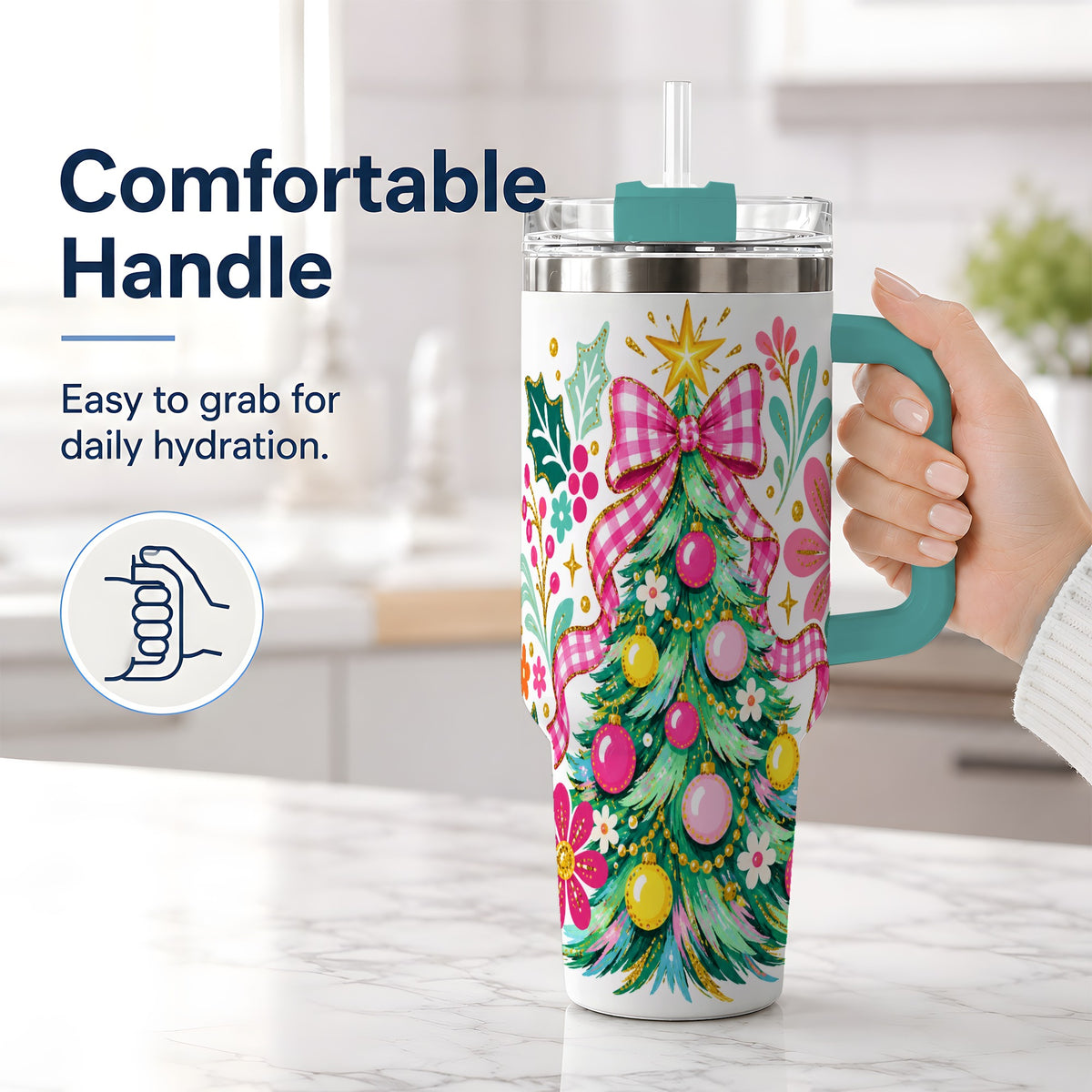 #pl[40oz|Green] Pink Gingham Christmas Tree Handled Tumbler, 40oz Holiday Drinkware
