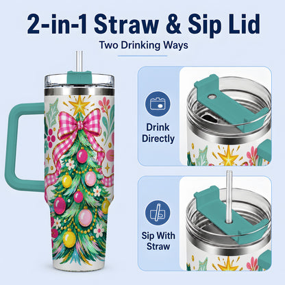#pl[40oz|Green] Pink Gingham Christmas Tree Handled Tumbler, 40oz Holiday Drinkware