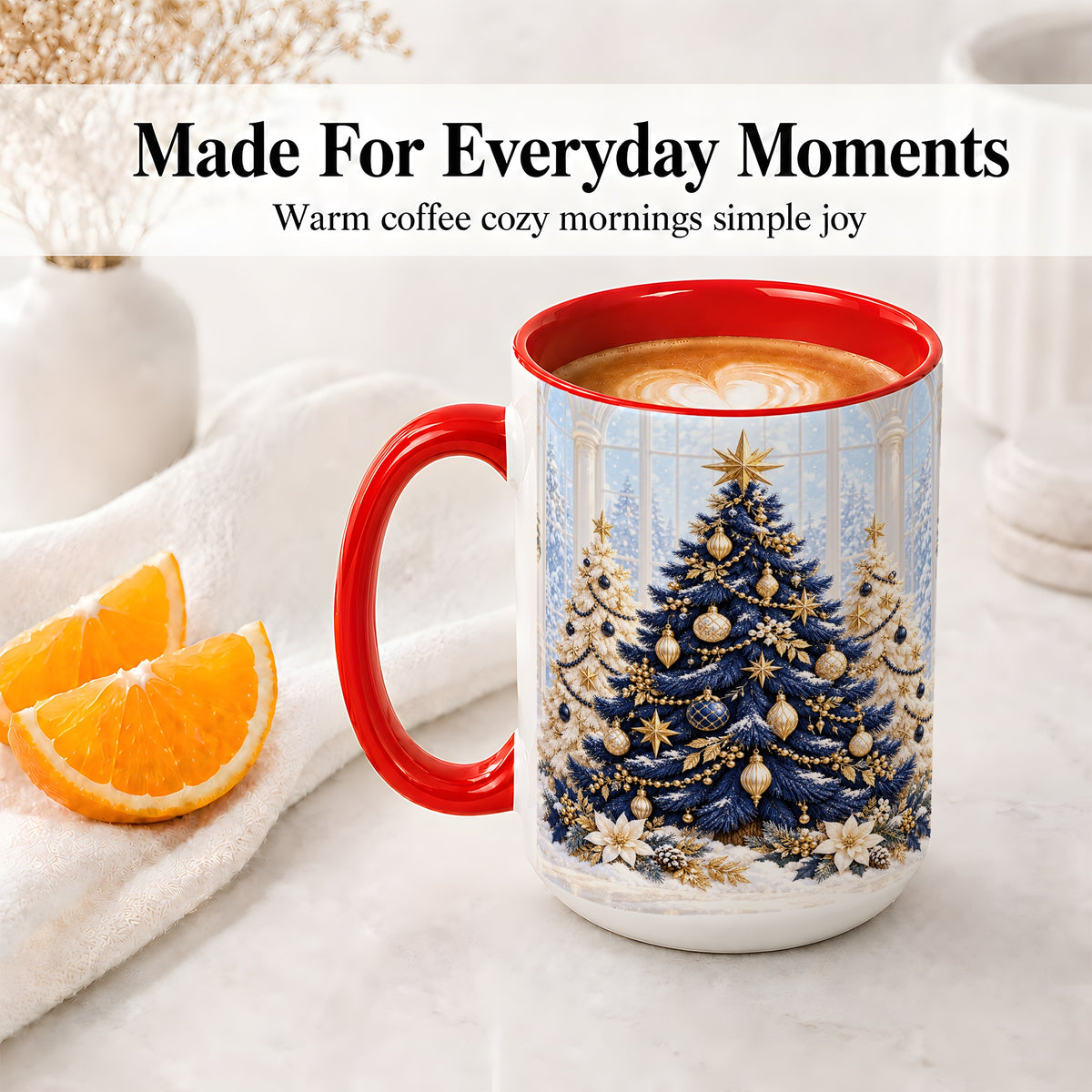 #pl[15oz|Red] Navy Blue Christmas Trees Accent Mug, Ceramic Holiday Coffee Cup