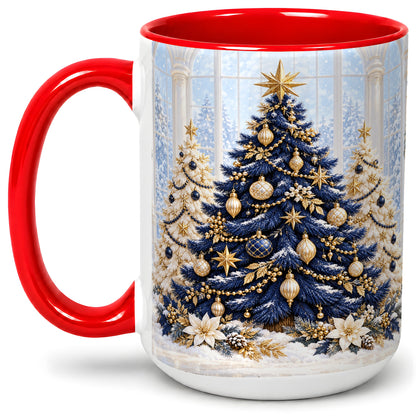 #pl[15oz|Red] Navy Blue Christmas Trees Accent Mug, Ceramic Holiday Coffee Cup