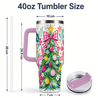 #pl[40oz|Pink] Pink Gingham Christmas Tree Handled Tumbler, 40oz Holiday Drinkware