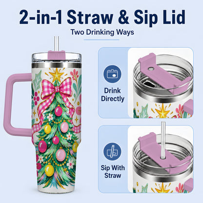 #pl[40oz|Pink] Pink Gingham Christmas Tree Handled Tumbler, 40oz Holiday Drinkware
