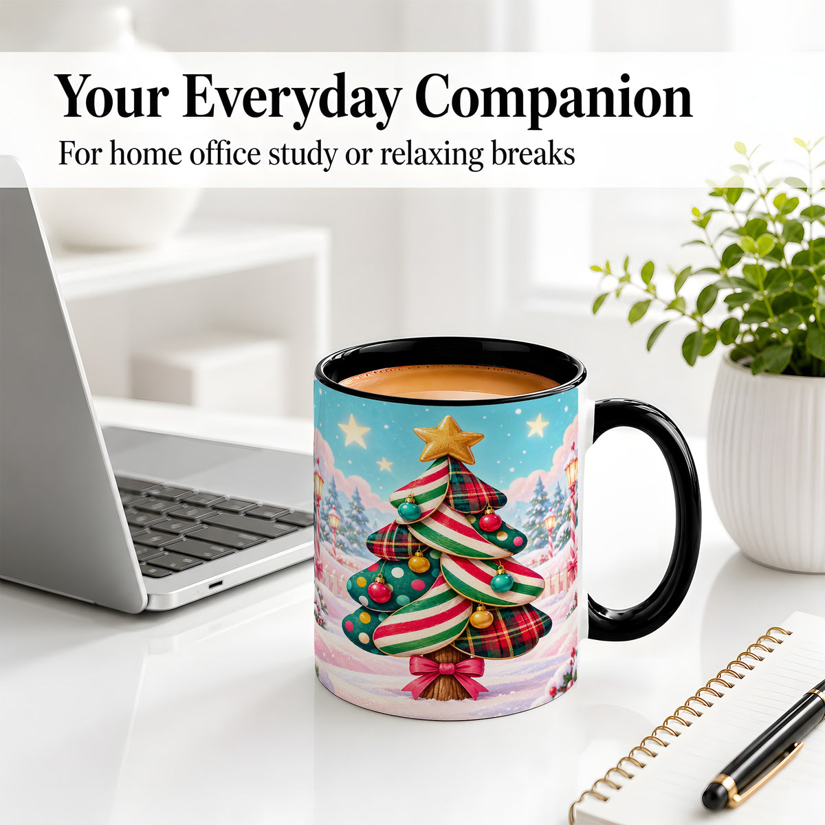 #pl[11oz|Black] Plaid Christmas Tree Accent Mug, Ceramic Cup with Festive Artwork