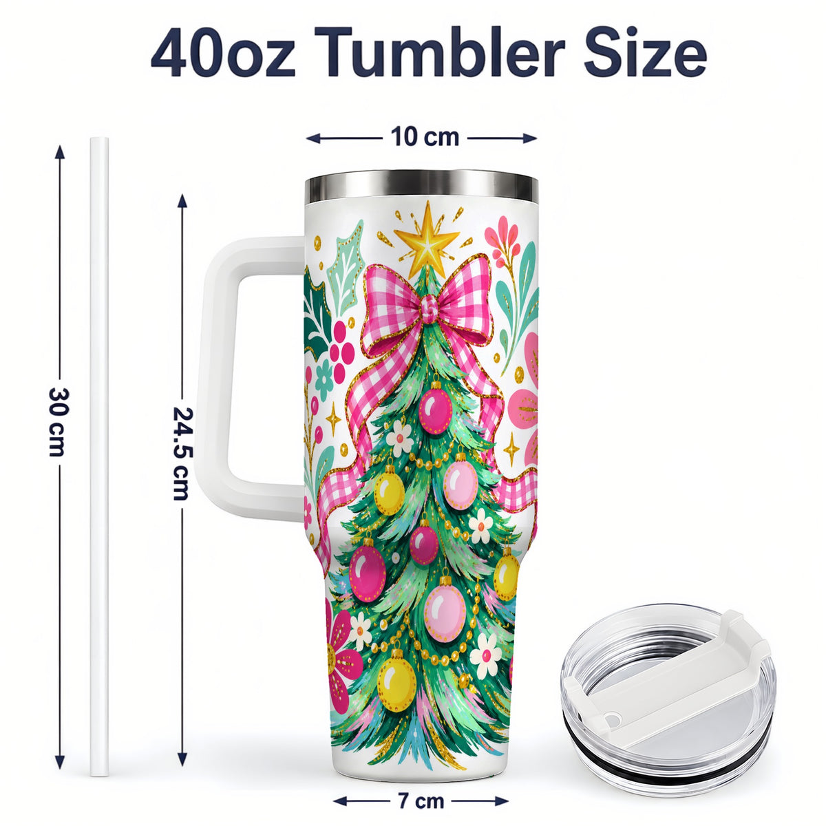 #pl[40oz|White] Pink Gingham Christmas Tree Handled Tumbler, 40oz Holiday Drinkware