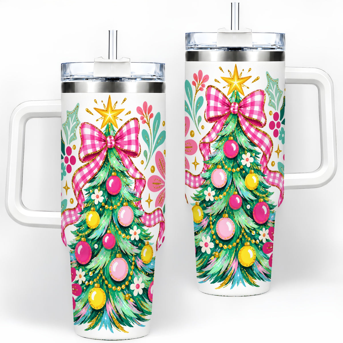 Pink Gingham Christmas Tree Handled Tumbler, 40oz Holiday Drinkware