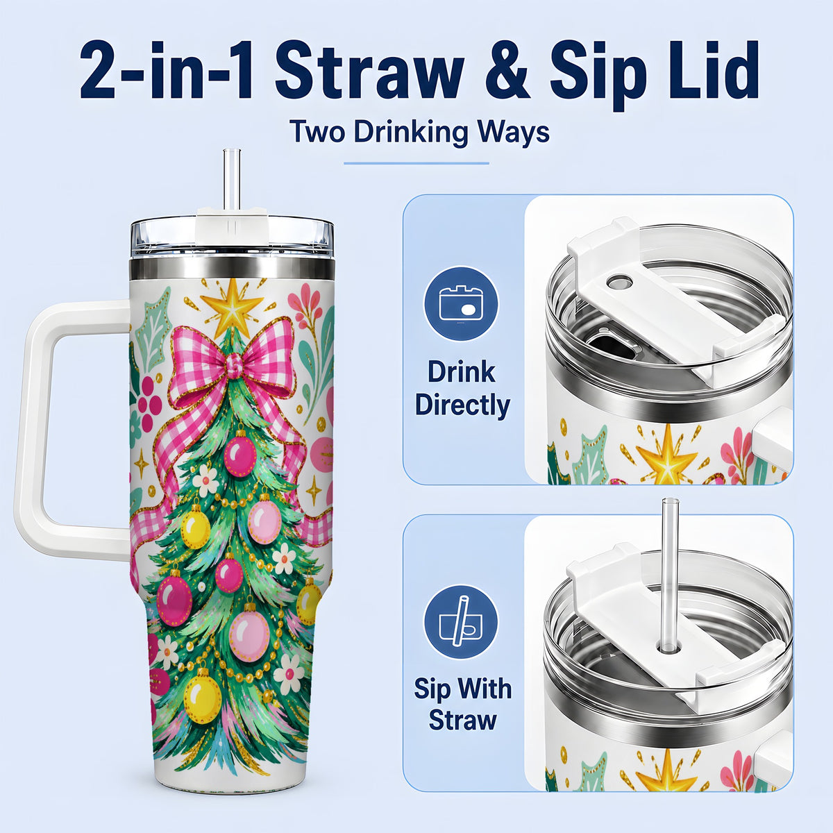 #pl[40oz|White] Pink Gingham Christmas Tree Handled Tumbler, 40oz Holiday Drinkware