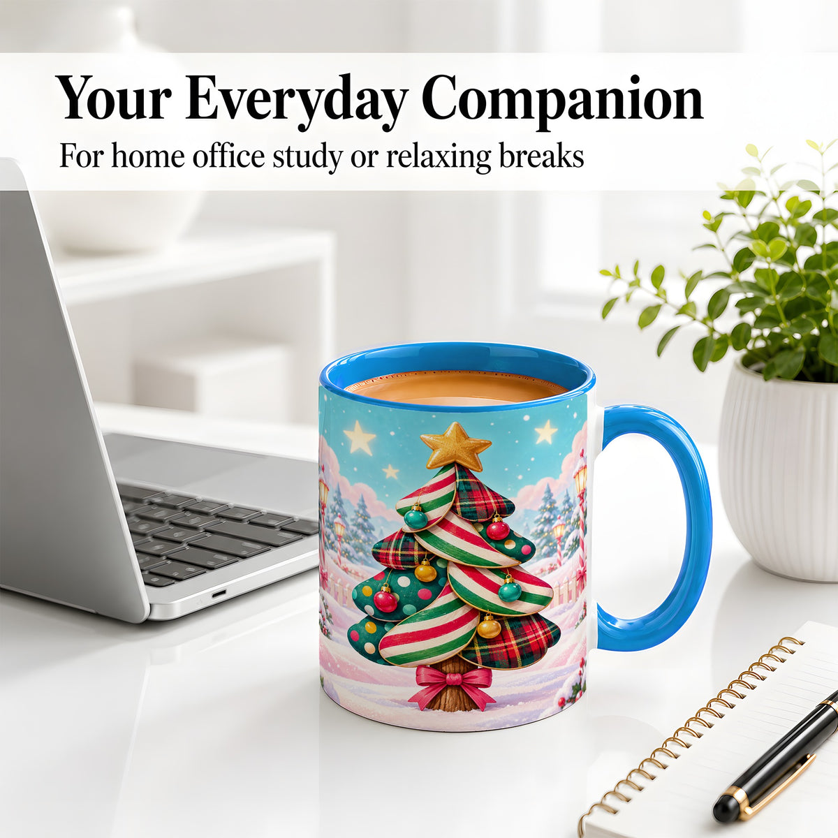 #pl[11oz|Blue] Plaid Christmas Tree Accent Mug, Ceramic Cup with Festive Artwork