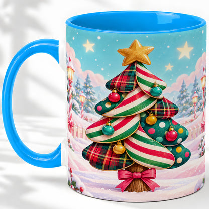 #pl[11oz|Blue] Plaid Christmas Tree Accent Mug, Ceramic Cup with Festive Artwork