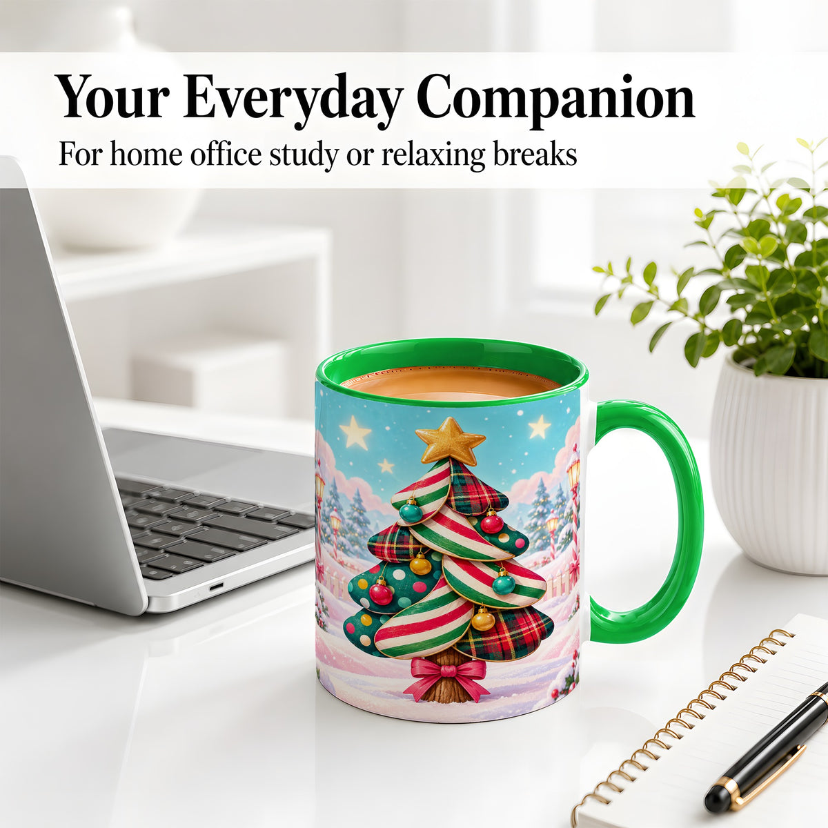 #pl[11oz|Green] Plaid Christmas Tree Accent Mug, Ceramic Cup with Festive Artwork