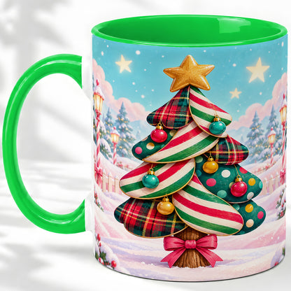 #pl[11oz|Green] Plaid Christmas Tree Accent Mug, Ceramic Cup with Festive Artwork
