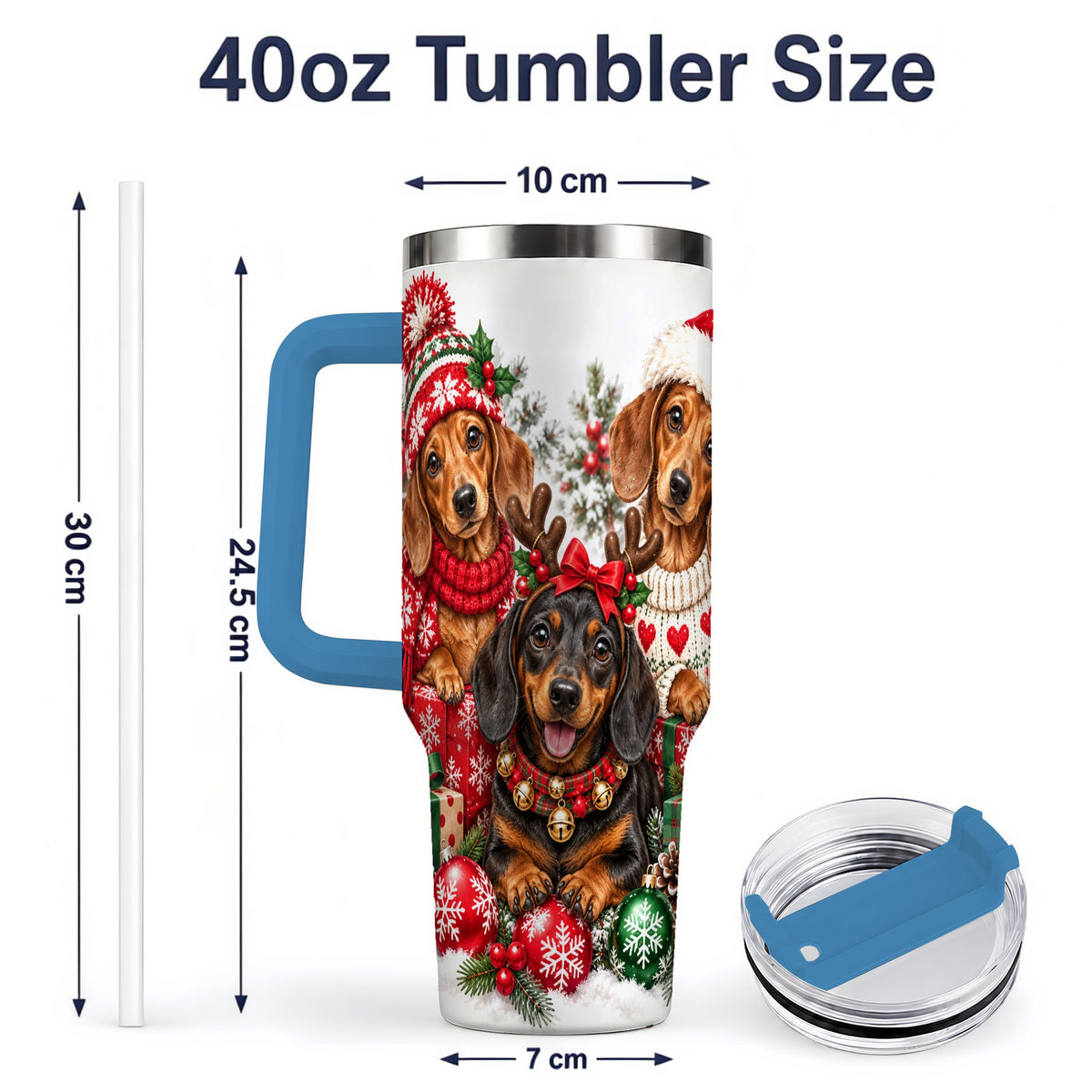 #pl[40oz|Blue] Christmas Dachshund Dogs Handled Tumbler, 40oz Holiday Drinkware