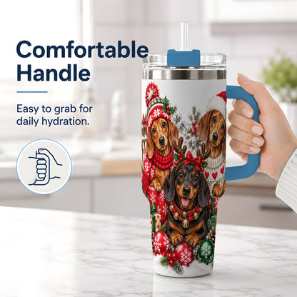 #pl[40oz|Blue] Christmas Dachshund Dogs Handled Tumbler, 40oz Holiday Drinkware