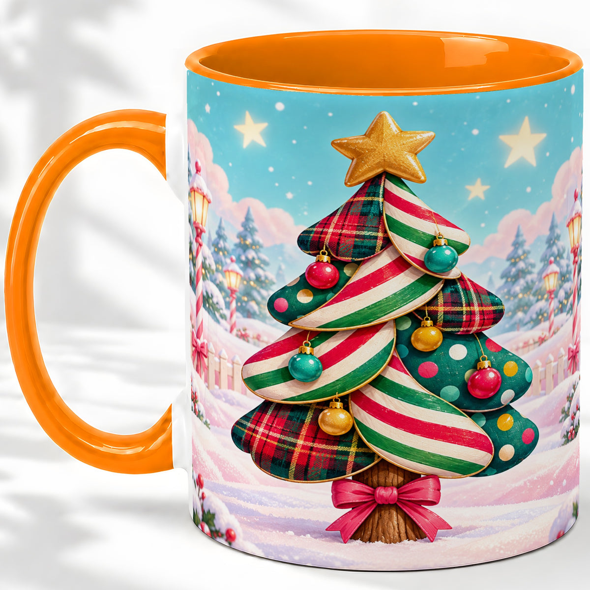 #pl[11oz|Orange] Plaid Christmas Tree Accent Mug, Ceramic Cup with Festive Artwork
