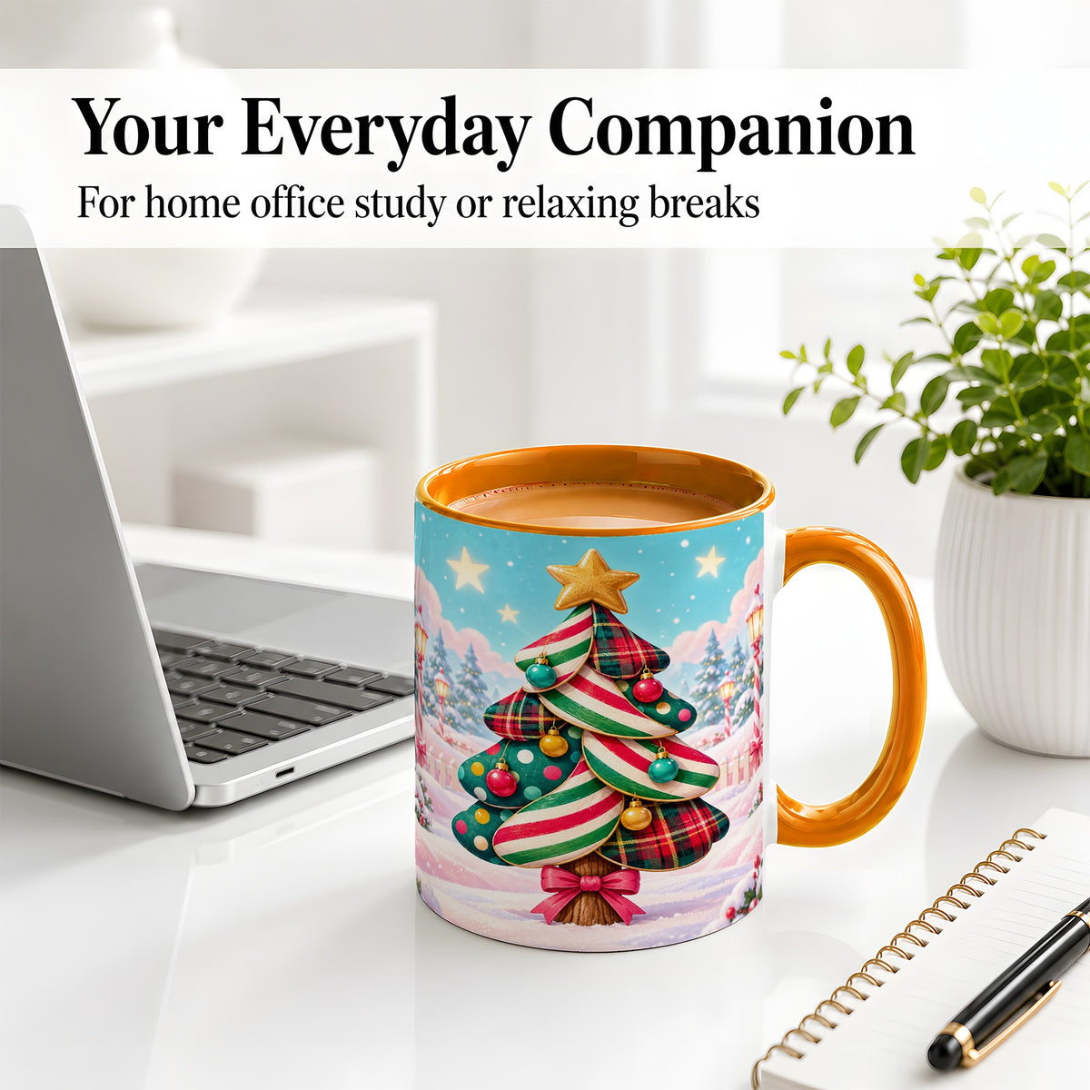 #pl[11oz|Orange] Plaid Christmas Tree Accent Mug, Ceramic Cup with Festive Artwork