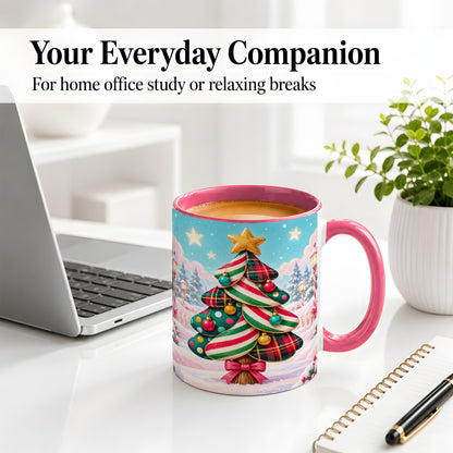 #pl[11oz|Pink] Plaid Christmas Tree Accent Mug, Ceramic Cup with Festive Artwork
