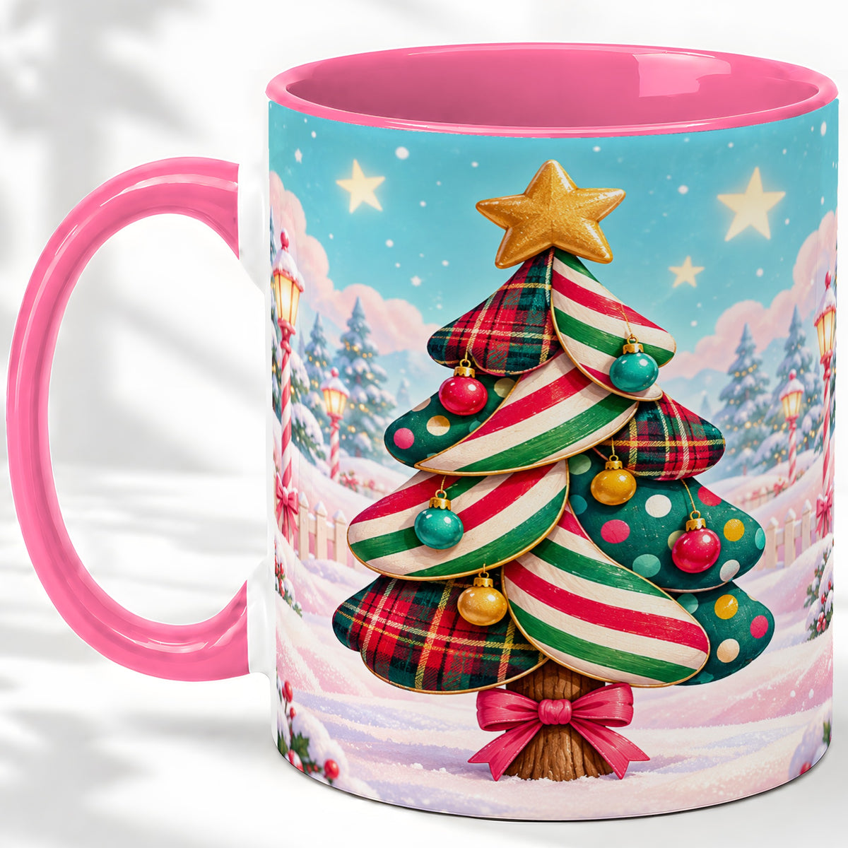 #pl[11oz|Pink] Plaid Christmas Tree Accent Mug, Ceramic Cup with Festive Artwork