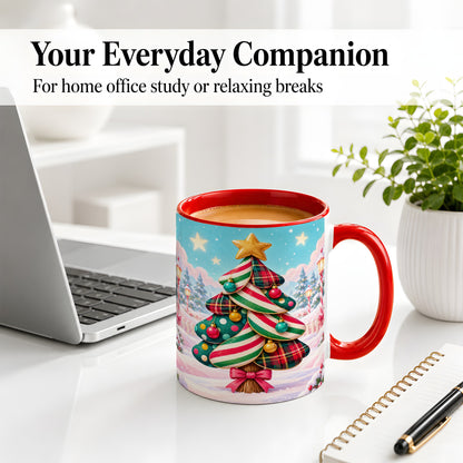 #pl[11oz|Red] Plaid Christmas Tree Accent Mug, Ceramic Cup with Festive Artwork