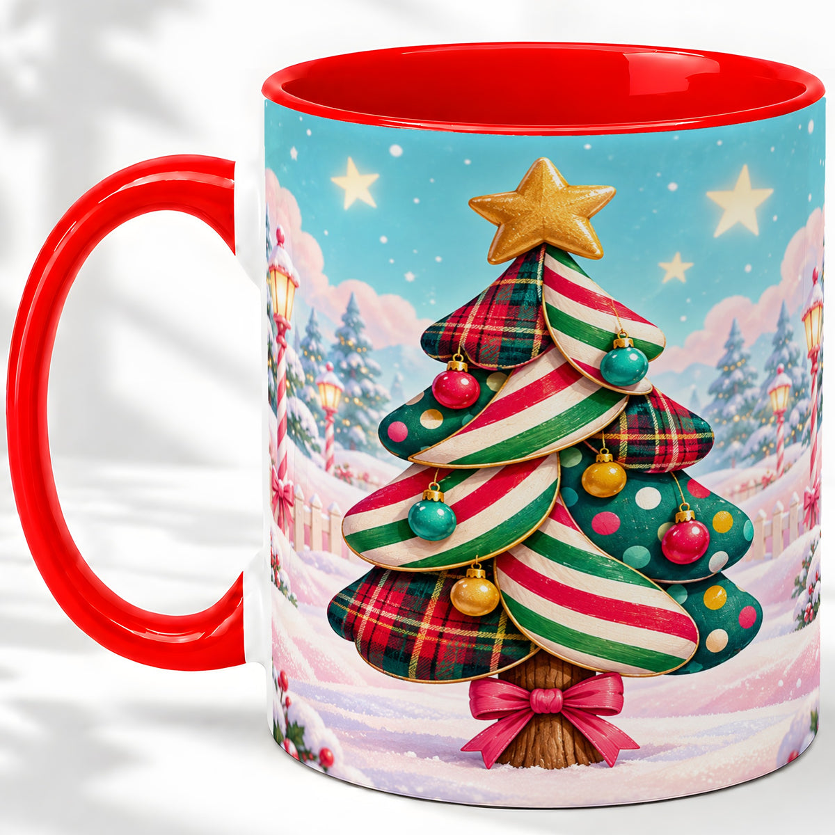 Plaid Christmas Tree Accent Mug, Ceramic Cup with Festive Artwork