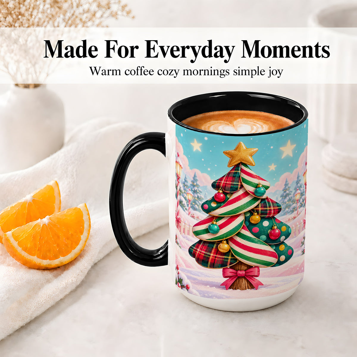 #pl[15oz|Black] Plaid Christmas Tree Accent Mug, Ceramic Cup with Festive Artwork