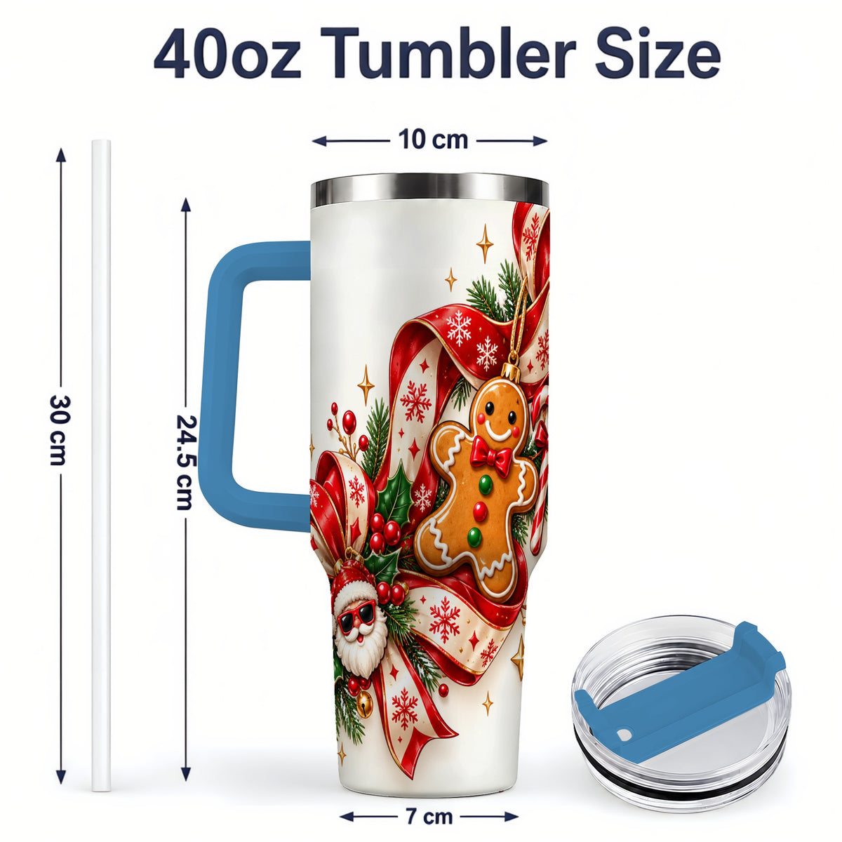 #pl[40oz|Blue] Christmas Gingerbread Tumbler, 40oz Stainless Steel Holiday Cup