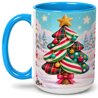 #pl[15oz|Blue] Plaid Christmas Tree Accent Mug, Ceramic Cup with Festive Artwork