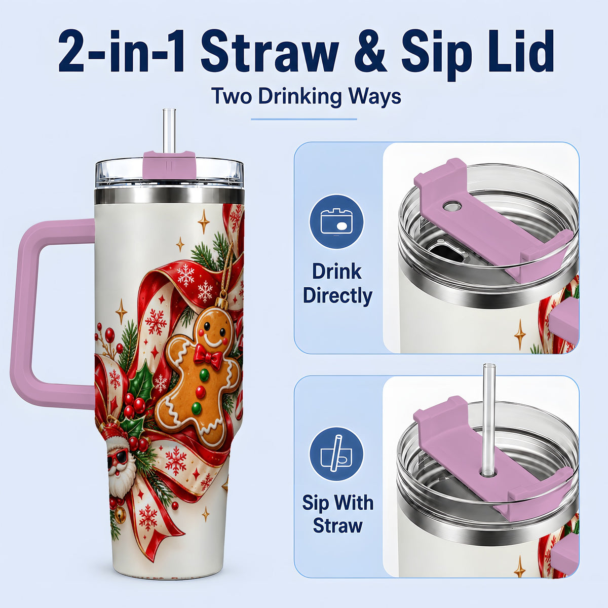 #pl[40oz|Pink] Christmas Gingerbread Tumbler, 40oz Stainless Steel Holiday Cup