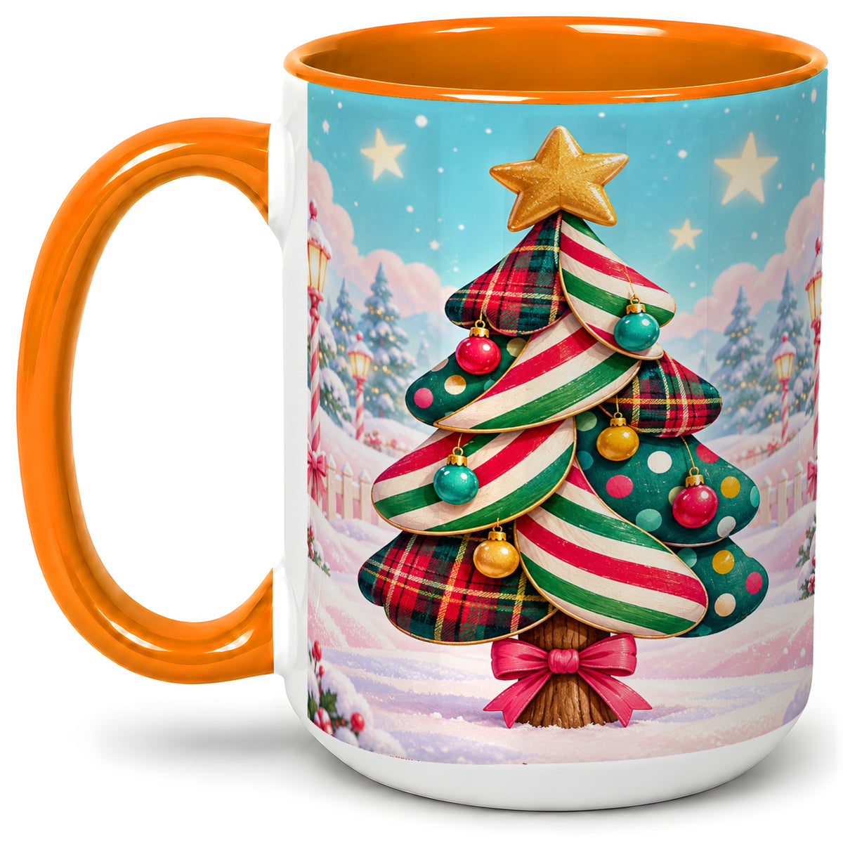 #pl[15oz|Orange] Plaid Christmas Tree Accent Mug, Ceramic Cup with Festive Artwork